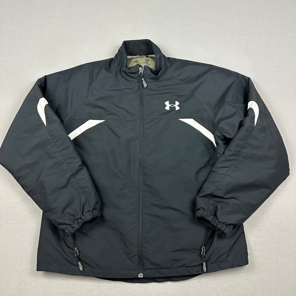 Under Armour Jacket Men Medium Black White Solid Full Zip Windbreaker Pockets M